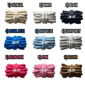 May include: A collection of nine bundles of rope shoelaces in various colors, including oatmeal, white, black, royal blue, baby blue, light grey, neon pink, pink, and brown. Each bundle is tied with a matching rope and features a white "MF" logo.