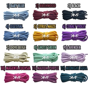 Peut inclure: Douze couleurs différentes de lacets, chacune avec les lettres "XMF" imprimées dessus. Les couleurs sont bleu bébé, bois de bouleau, noir, céleste, maïs citron, violet cobalt, beige colombe, vert fantôme, lavande, fuchsia magenta, violet maximum et aqua minuit.