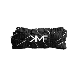 May include: Black shoelaces with white dotted accents and a white logo in the center. The shoelaces are tightly bundled, showcasing a textured, durable design. The logo features the letters "KM" and "F".