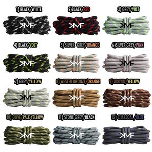 May include: A collection of twelve different colored shoelaces, each bundled and labeled with a color combination. Colors include black/white, black/red, grey/volt, black/volt, silver grey/orange, silver grey/pink, grey/yellow, wester bronze/orange, brown/yellow, olive/pale yellow, stone grey/black, and charcoal/blue.