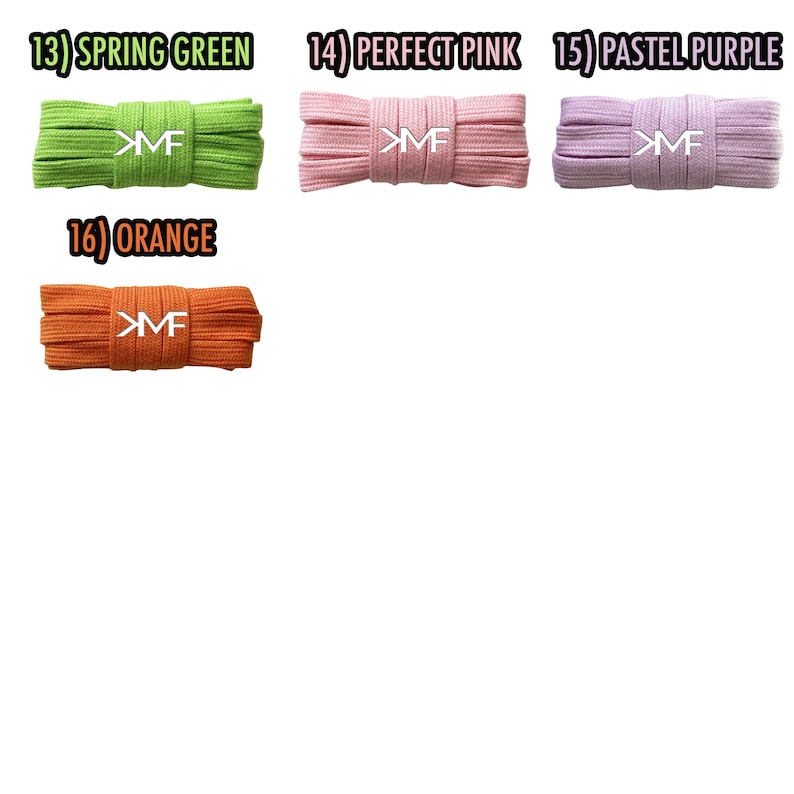May include: Four spools of shoelaces in different colors: spring green, perfect pink, pastel purple, and orange. Each spool has the letters "MF" printed on it.