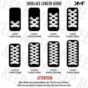 May include: A guide for determining the correct shoelace length based on the number of eyelets on a shoe. The guide shows different shoe lacing patterns with the corresponding length in inches and centimeters.