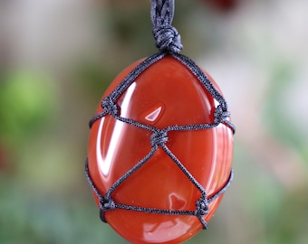 Macrame Red Agate Pendant, Crystal Necklace