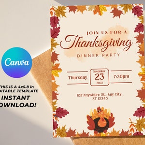 Puede incluir: Plantilla de invitación a cena de Acción de Gracias, 10.16cm x 14.73cm. Presenta borde de hojas de otoño, ilustración de pavo y detalles del evento: fecha, hora y lugar. Incluye el logo "Canva" y texto "¡Descarga instantánea!"