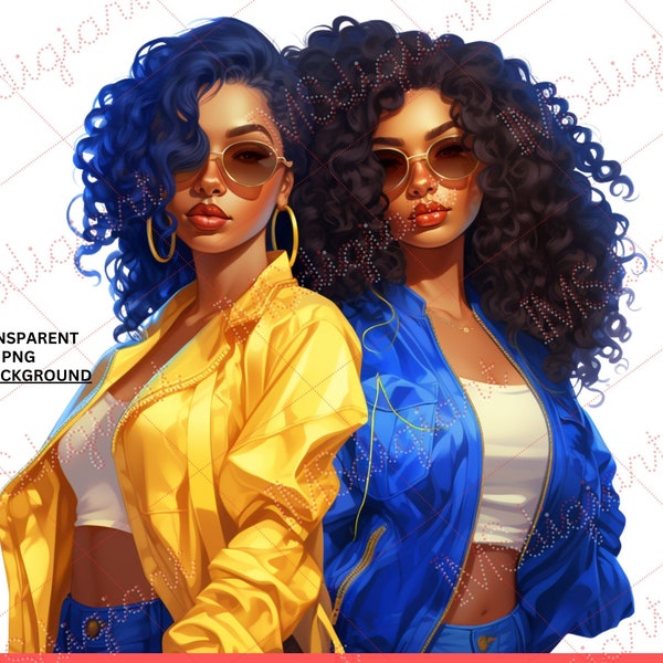 Gorgeous Black Women clipart PNG | Besties/Twins wearing shades clipart| Blue and Gold| HBCU | Planners | Journals | Phone Cases | Small Biz