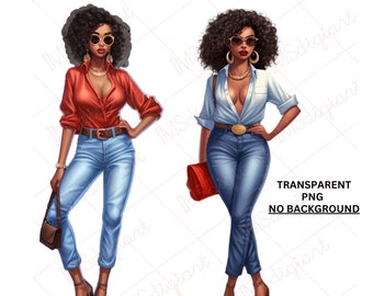 Svarta modekvinnor Clipart PNG | Planeringsgrafik (digital nedladdning)