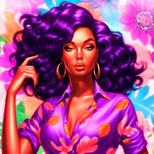 Stunning Black Woman Clipart PNG | Colorful Flowers Background | Boss Woman Planner Cover | Journal Cover | Personal and Commercial Use