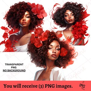 Día de San Valentín afroamericano PNG / Hermosas mujeres rosas rojas / Tarjetas de felicitación / Arte de pared / Portadas de libros / Planificadores digitales / Camisas