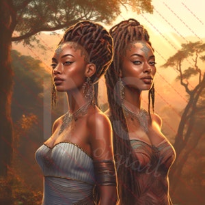 May include: Two women with dark skin and elaborate hairstyles stand side-by-side. They are wearing ornate jewelry and traditional clothing. The background is a blurred image of a forest with a sunset in the distance.