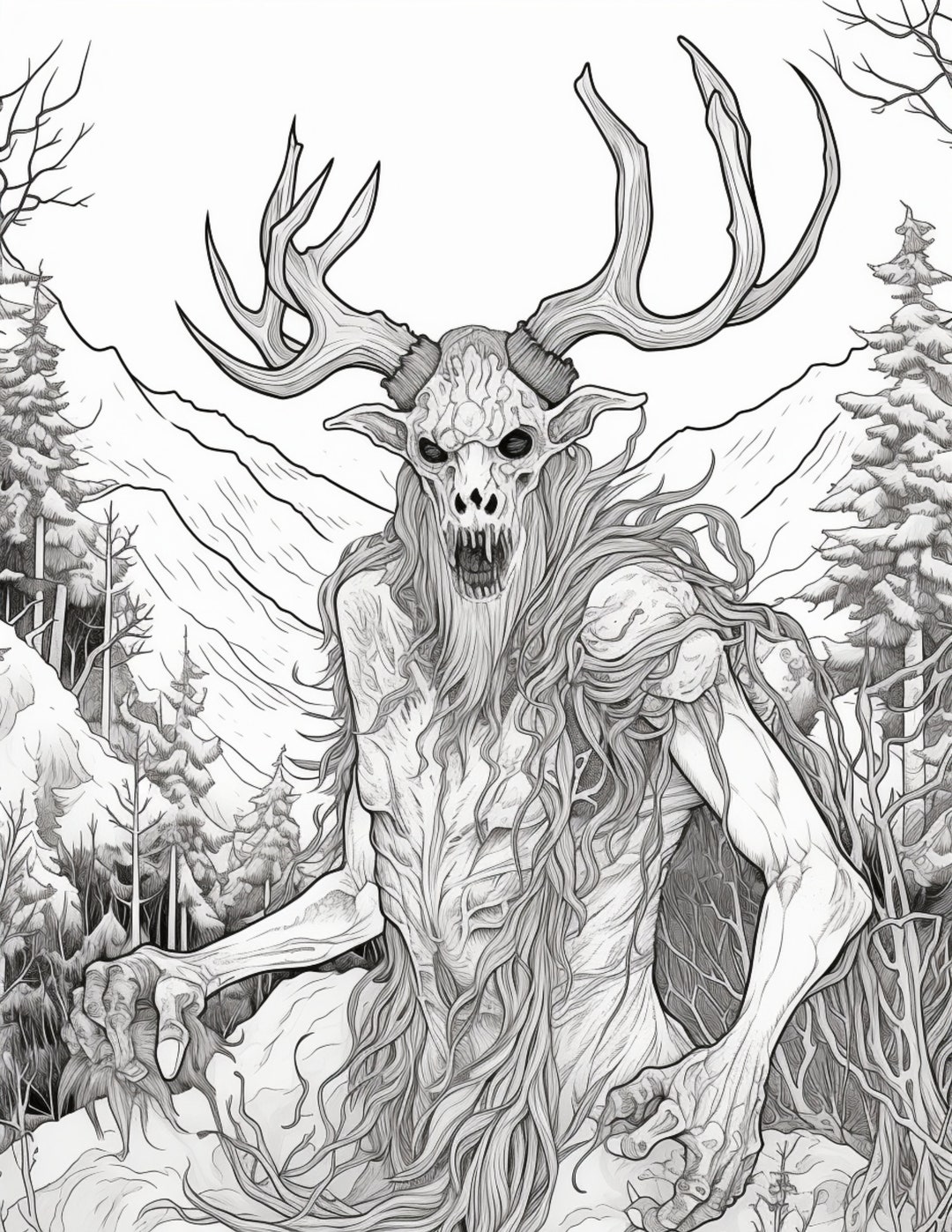 Cryptid Coloring Pages Horror Adult Digital Coloring Book Wendigo