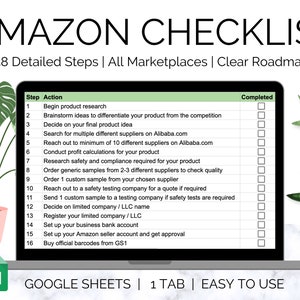Amazon FBA Checkliste, Amazon Checkliste, 58 detaillierte Schritte, FBA Vorlage, Amazon FBA Roadmap, E-Business Google Sheet, Verkaufen bei Amazon
