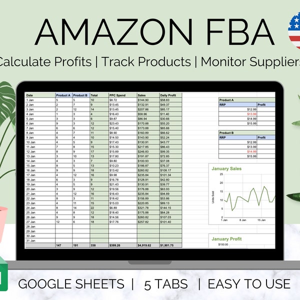 Feuille de calcul Amazon FBA USA, modèle FBA, comptabilité, suivi des ventes, liste de produits et de fournisseurs, calculateur de bénéfices, feuille Google de commerce électronique