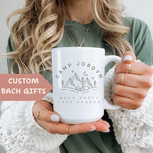 Personalized Camp Bachelorette Mug Custom Bach Party Mug Lake Trip Bridesmaid Gift Camp Theme Bach Party Favor Mountain Camping Mug