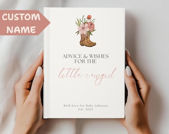Libro de consejos y deseos para baby shower de vaquera, libro de visitas personalizado con flores del oeste para niña, diario rústico de recuerdos para recién nacida