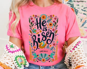 Camiseta feminina Ele ressuscitou, camiseta unissex de domingo de Páscoa, camiseta com citação religiosa cristã, camiseta do dia da ressurreição, vestuário para celebração da Páscoa