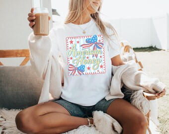 American Honey Shirt Cute 4th of July Graphic Tee Retro Country Girl Patriotic Shirt Comfort Colors USA Shirt Western Cowgirl Summer Tee