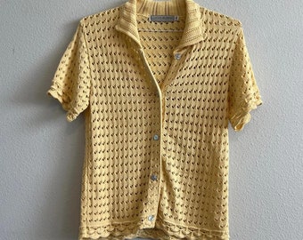 Vintage Yellow Retro Crochet Sheer Knitted Button Up Short Sleeve Sweater