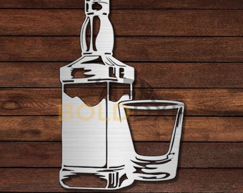 May include: A metal cutout of a liquor bottle and a shot glass. The bottle is tall and rectangular with a rounded top. The shot glass is short and round. The cutout is a light silver color.