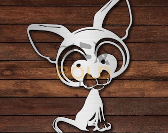 May include: A white metal cutout of a cartoon chihuahua with large eyes and a playful expression. The chihuahua is sitting with its legs crossed and its tail curled.