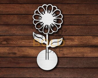 May include: A white metal flower with a round center and five petals. The flower is attached to a stem with two leaves and a round base.