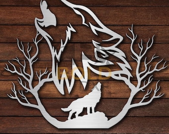 May include: A metal wall art sculpture of a wolf howling at the moon. The wolf is silhouetted against a tree with branches. The sculpture is made of metal and has a silver finish.