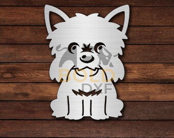 May include: A white metal cutout of a Yorkshire Terrier dog with a playful expression. The dog is sitting with its legs crossed and has large, round eyes.