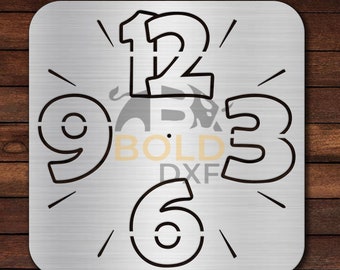 May include: A metal stencil with the numbers 12, 9, 3, and 6 in a bold, outlined font. The numbers are arranged in a circle, with the 12 at the top and the 6 at the bottom. The stencil is on a wooden background.