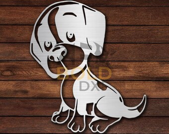 May include: A white metal cutout of a cartoon dog sitting with its head tilted to the side. The dog has large eyes, a black nose, and a black collar.