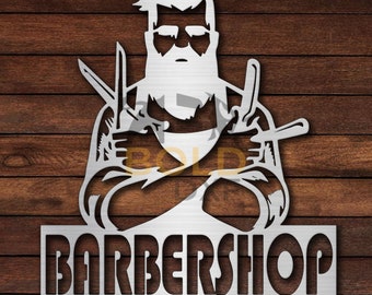May include: A white metal sign with a silhouette of a bearded man holding scissors and a razor. The sign says "BARBERSHOP" in bold letters.