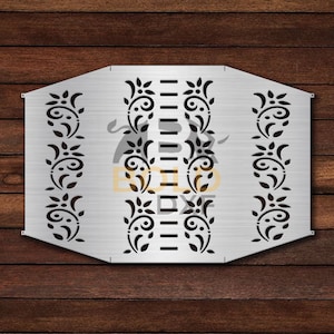 May include: A silver metal wall decor with a cut-out design of repeating floral patterns. The design features a vertical line of five evenly spaced horizontal lines.