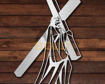 May include: A metal wall art sculpture depicting Jesus carrying the cross. The sculpture is in a minimalist style, with a simple silhouette of Jesus and the cross.