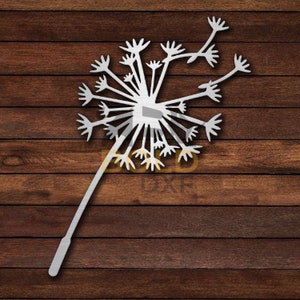 May include: A white metal dandelion design with a long stem. The dandelion is made of many small, delicate pieces that create a fluffy, airy look.