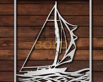 May include: A metal cutout of a sailboat with a single sail, set against a woodgrain background. The sailboat is depicted with waves at the bottom of the image.