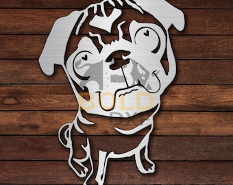 May include: A metal cutout of a pug dog with a playful expression. The dog is standing on all fours with its tongue sticking out. The cutout is a light silver color.