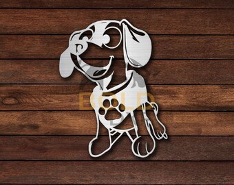 May include: A white metal cutout of a cartoon dog wearing a shirt with a paw print design. The dog is smiling and has big eyes.