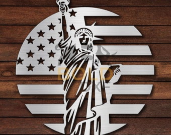 May include: A metal cutout of the Statue of Liberty standing in front of a circular American flag design.