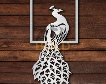 May include: A white metal peacock with its tail feathers spread out in a fan shape. The peacock is inside a square frame.