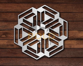 May include: A silver metal snowflake design with a geometric pattern. The snowflake is on a brown wooden background.