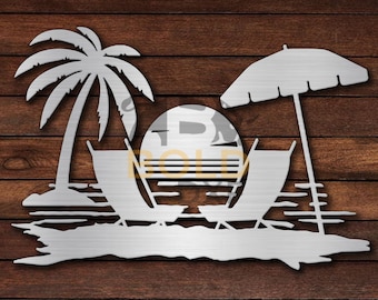 May include: A metal wall art design depicting a beach scene with two lounge chairs, a palm tree, an umbrella, and a setting sun.