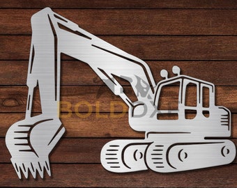 May include: A silver metal cutout of an excavator with a raised arm and a bucket. The excavator is on tracks and has a cab with a window.