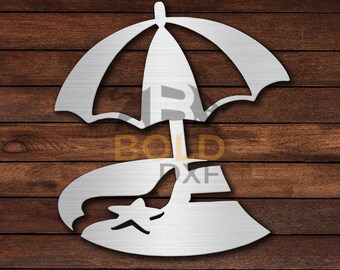 May include: A metal cutout of a beach scene with an umbrella over a beach chair and a starfish. The cutout is silver and is on a wood background.