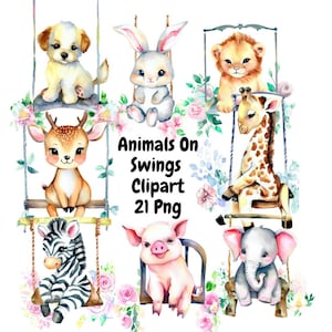 Baby Animals on Swings PNG | Baby Animal PNG | Baby Animal Swing Commercial Use | Nursery Animal Printable Art | Nursery Clipart| Cute Png