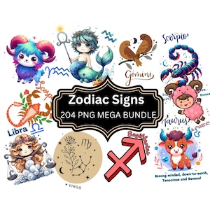 204 Zodiac signs PNG, Zodiac signs Clipart, Horoscope Clipart, Zodiac Animals, Zodiac Bundle ,Astrology Signs, Zodiac Sublimation Designs