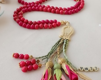 Personalized Red Ceyt Coral-look Tasbih: 99-8 mm Bead  Rosary Mala