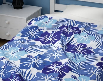 Blue Blanket Hawaiian Flower Velveteen Plush Blanket Tropical Decor Girl Blanket Hawaii Decor Beach Home Hawaiian Blanket Gift For Girls