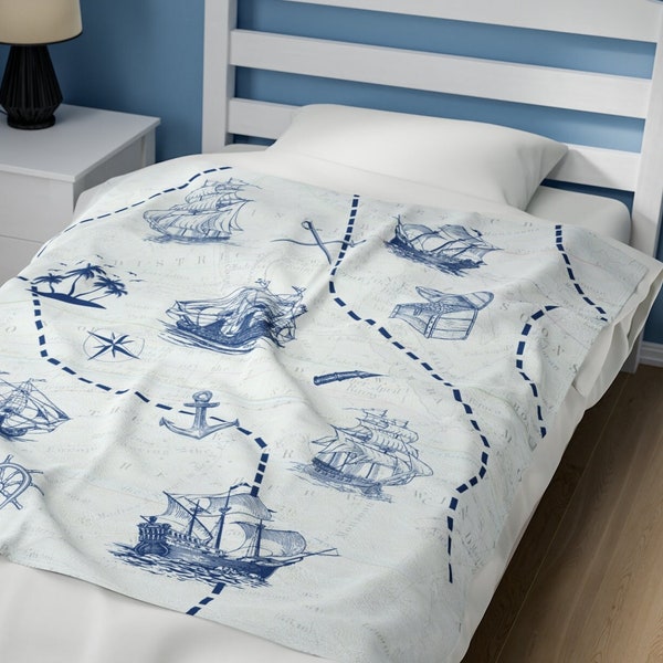 Pirate Map Blanket Nautical Blue Soft Plush Blanket Kids Pirate Blanket Kids Room Decor Pirate Room Decor Coastal Home Decor Gift For Boys