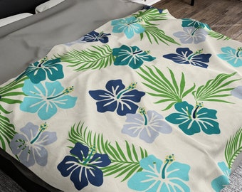 Turquoise Throw Blanket Soft Plush Blanket Kids Room Navy Blue Floral Blanket Light Blue Blanket Hawaiian Flower Blanket Gift for Daughter