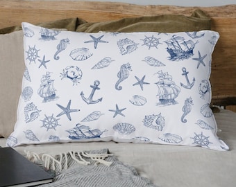 Blue and White Print Pillow Case Nautical Pillow Sham Seashell Pillow Cover Ship Decor Pillow Case Lake Home Bedding  Pillowcase New House