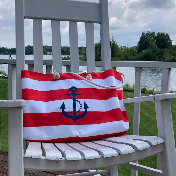 Red and White Striped Tote Bag Nautical with Anchor Canvas Bag for Boating Gift for Lake Home Vacation Tote Bag Beach Bag Gift for Sailor