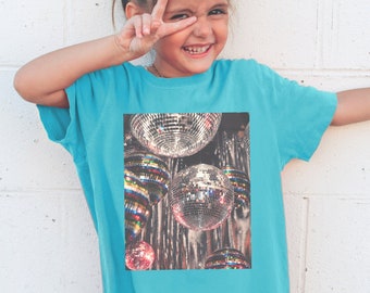 Girls Youth Disco Ball Comfort Colors T-shirt, Mirror Ball, Eras Tour Shirt, Birthday Party, New Years Eve, Size up for the oversize look.